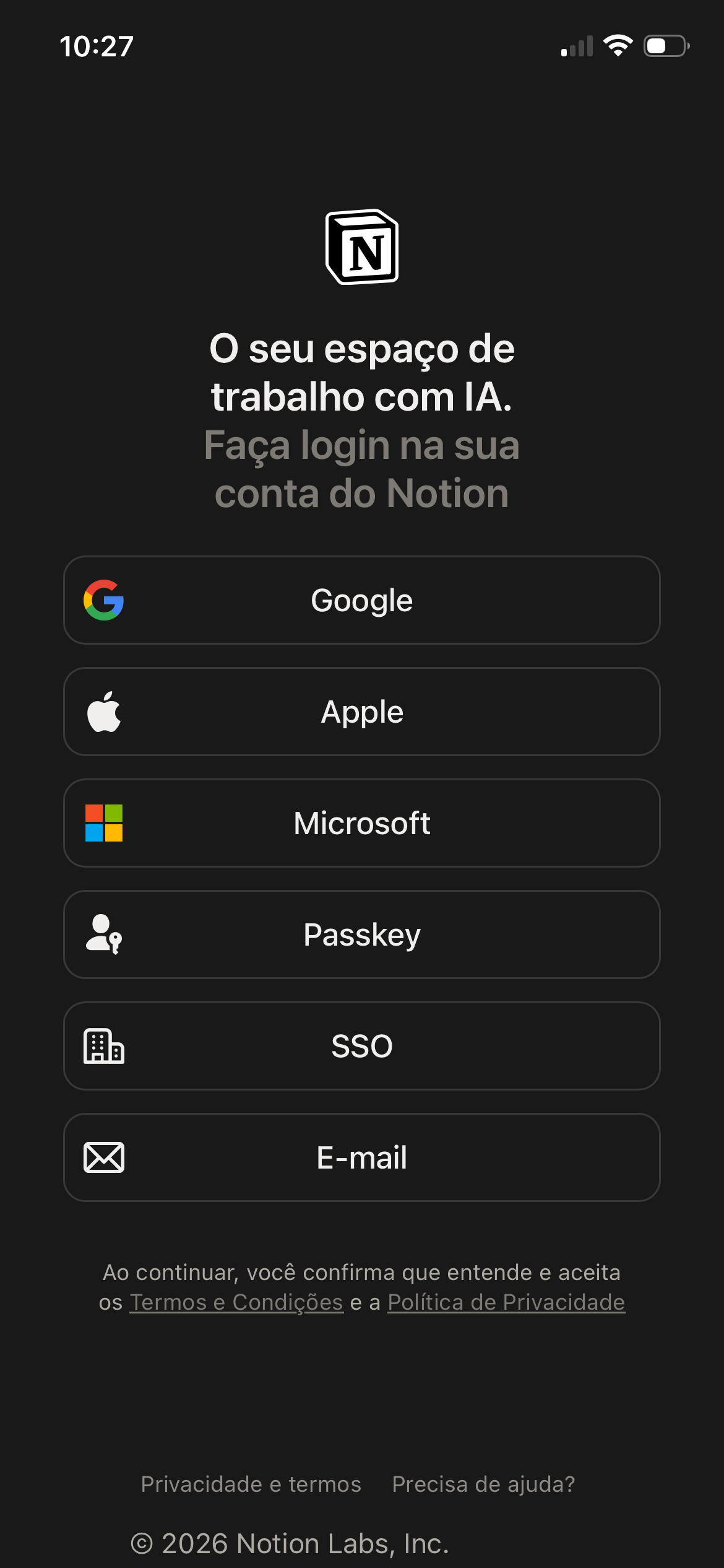 Tela de entrada do Notion mostrando as opções de login: Google, Apple e e-mail